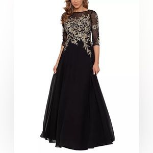 Betsy & Adam Fit & Flare Floral-Embroidered Mesh Gown, Navy/Gold Size 16 $289